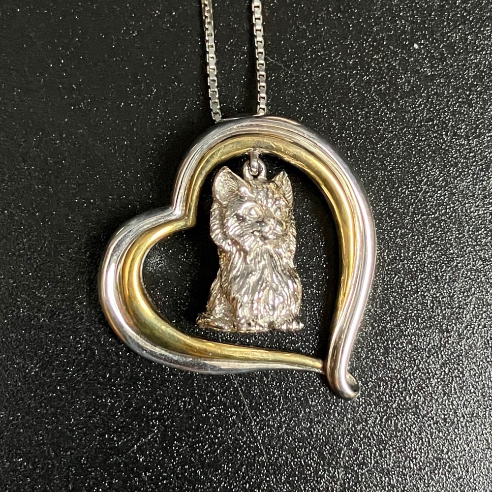 Bradford Exchange Cat Necklace 18in Sterling‎ Silver Gold Plating Heart Pendant